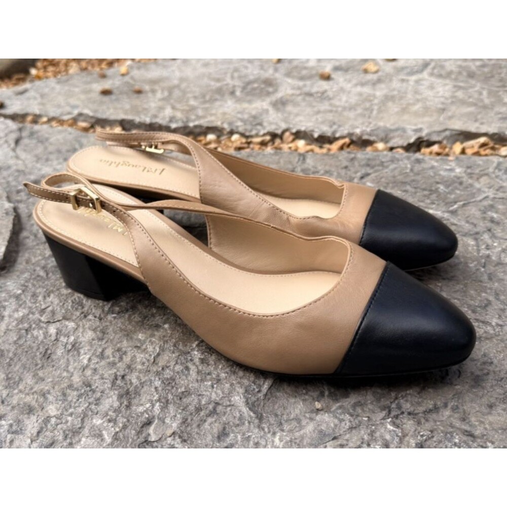 J. McLaughlin Jocelyn Leather Cap-Toe Slingback Heels Size 9 Tan Black